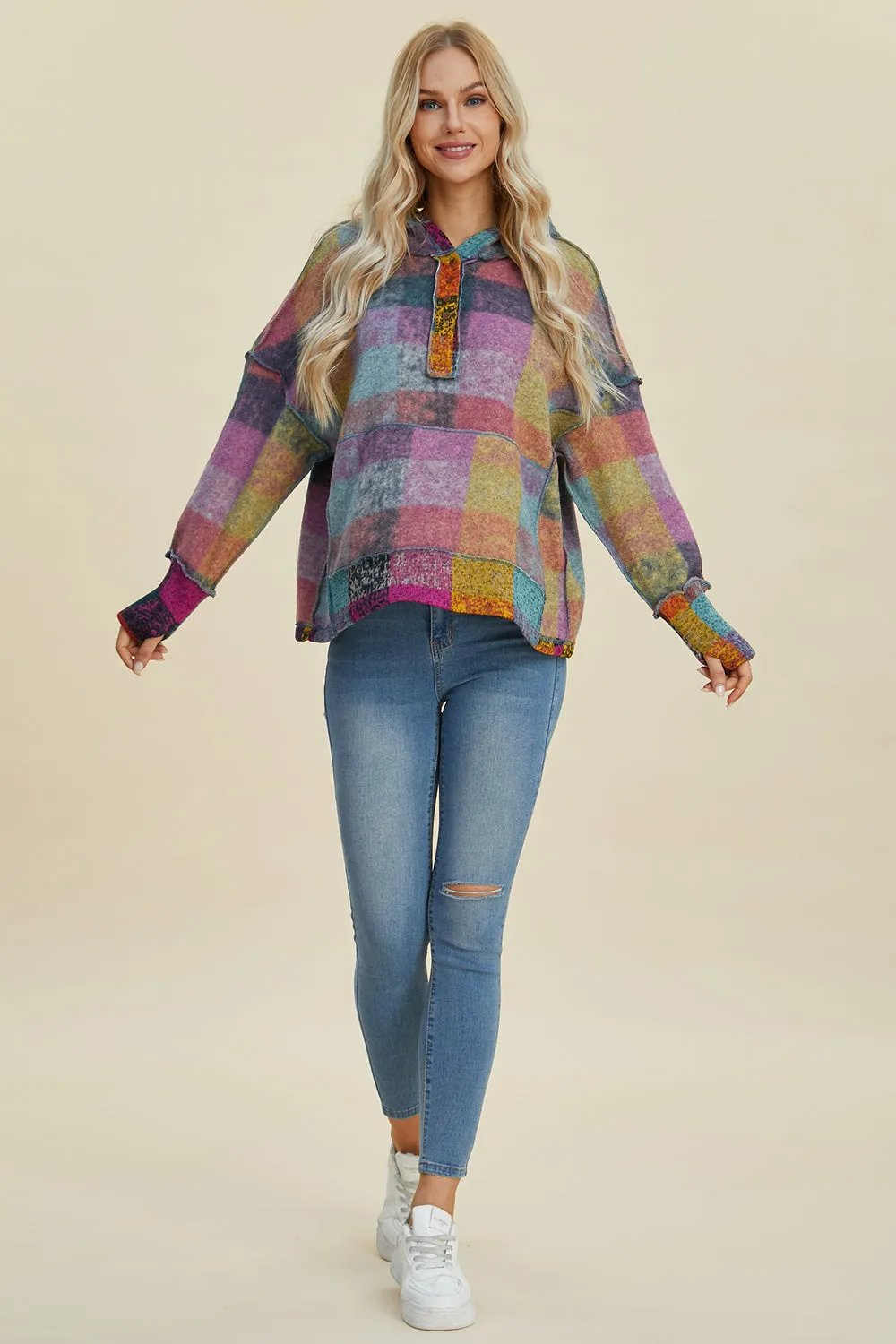 Cozy Plaid Charm: Double Take Dropped Shoulder Hoodie