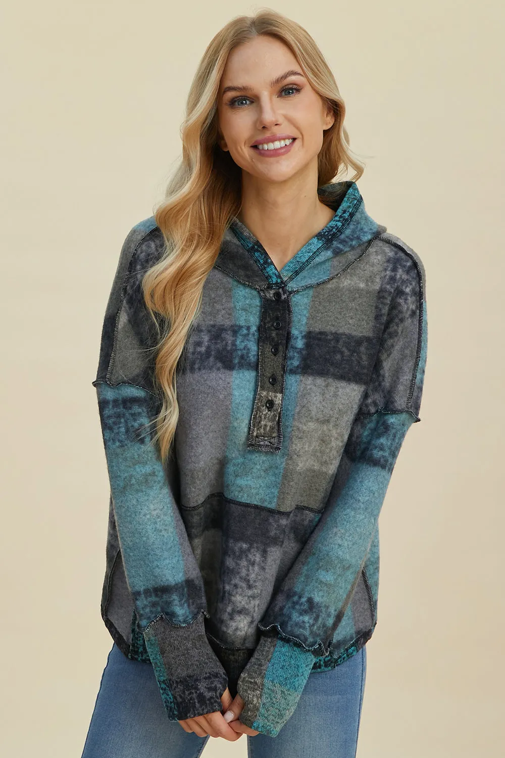 Cozy Plaid Charm: Double Take Dropped Shoulder Hoodie