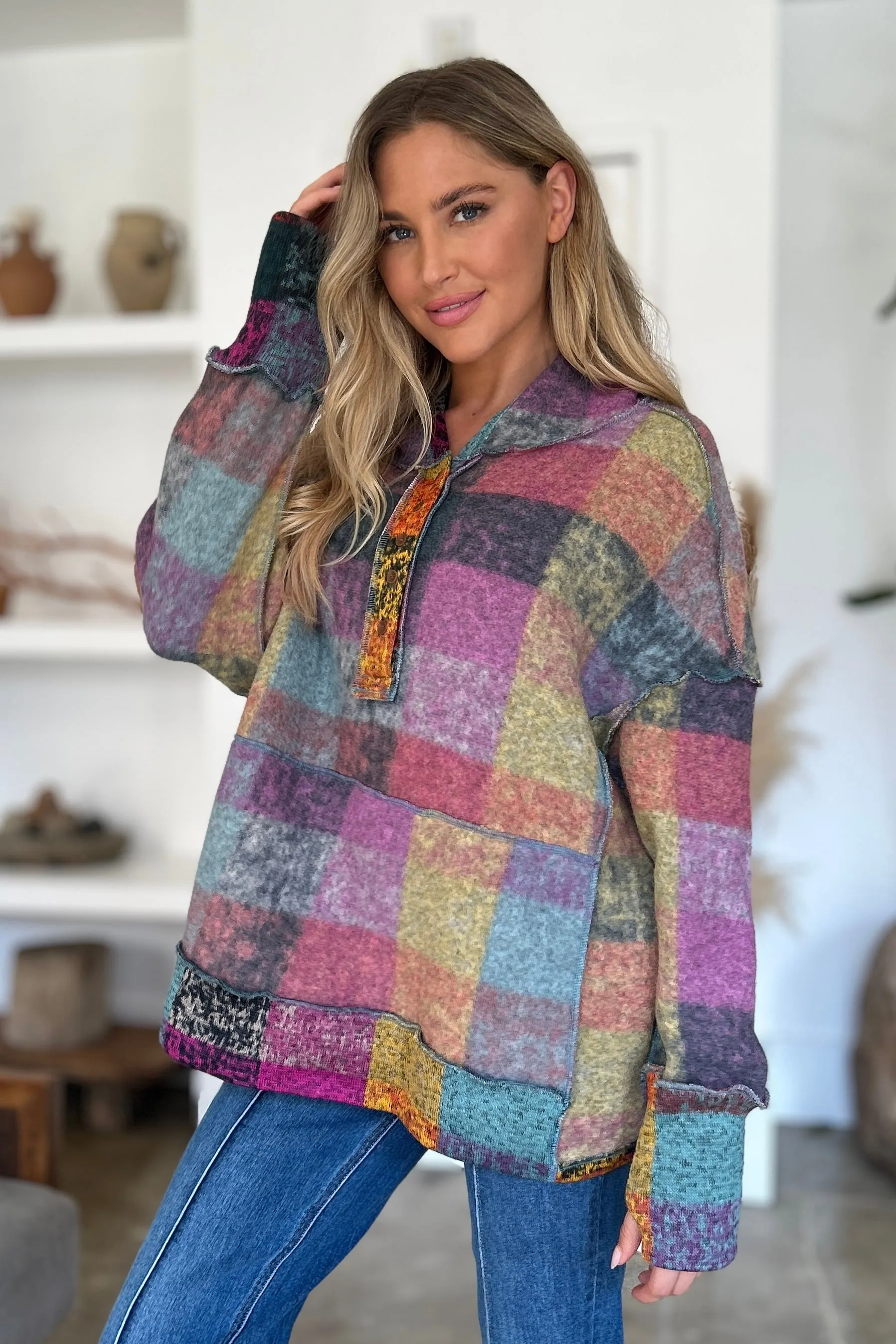 Cozy Plaid Charm: Double Take Dropped Shoulder Hoodie