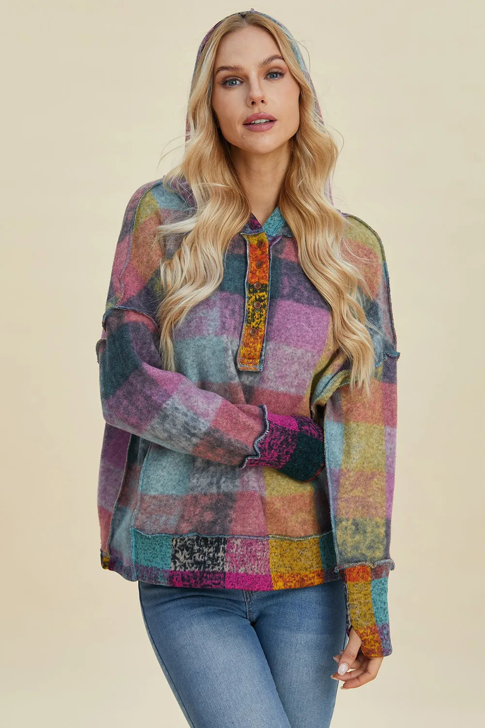 Cozy Plaid Charm: Double Take Dropped Shoulder Hoodie
