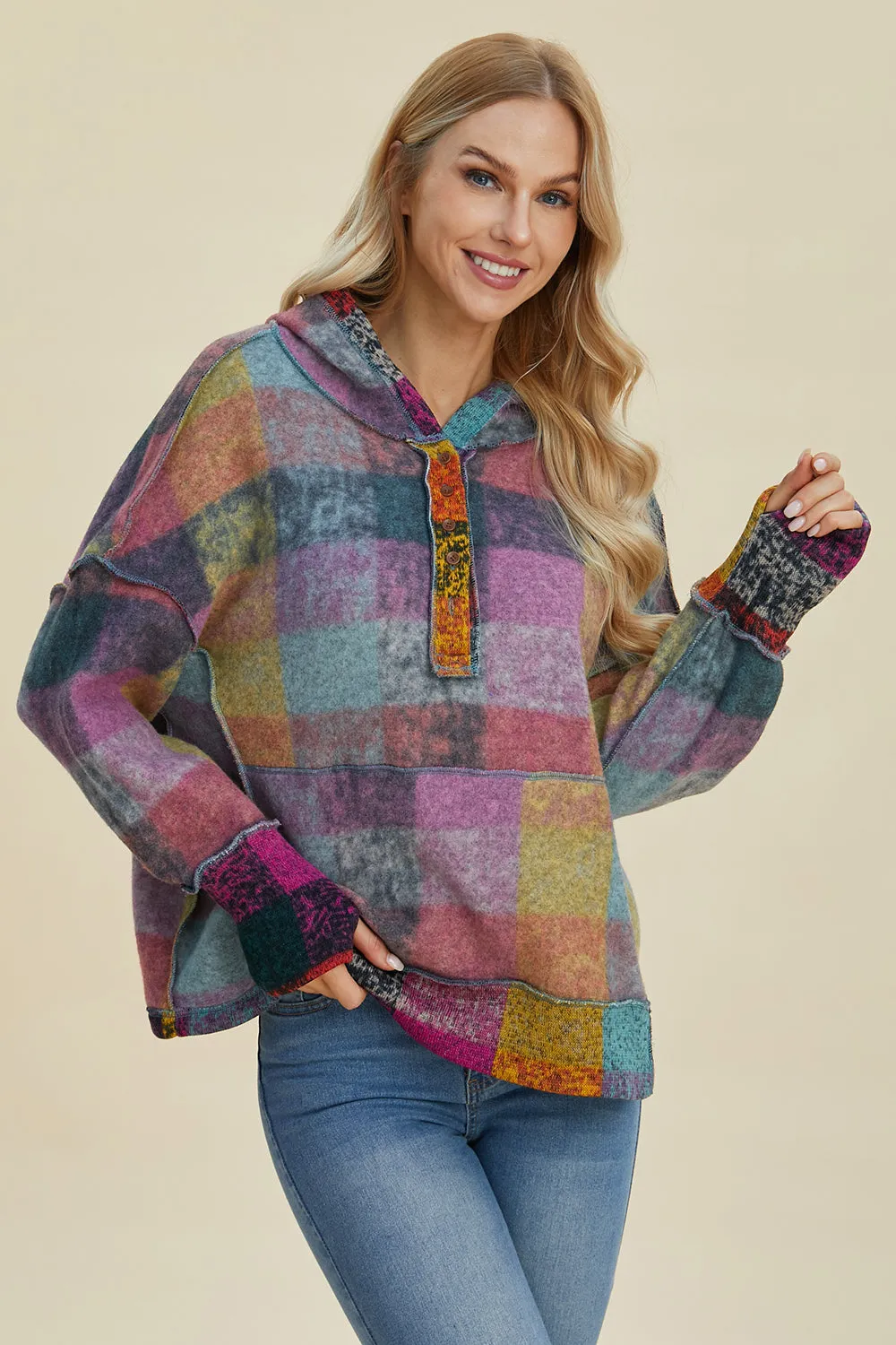 Cozy Plaid Charm: Double Take Dropped Shoulder Hoodie