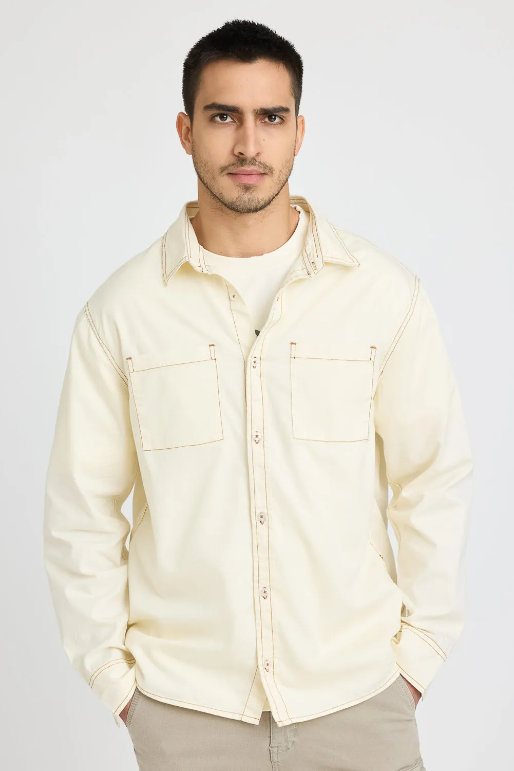 Cream Contrast Stitch Men's Shirt