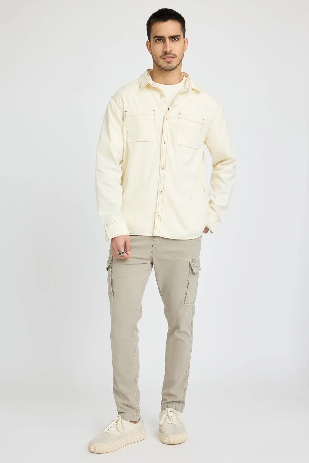 Cream Contrast Stitch Men's Shirt