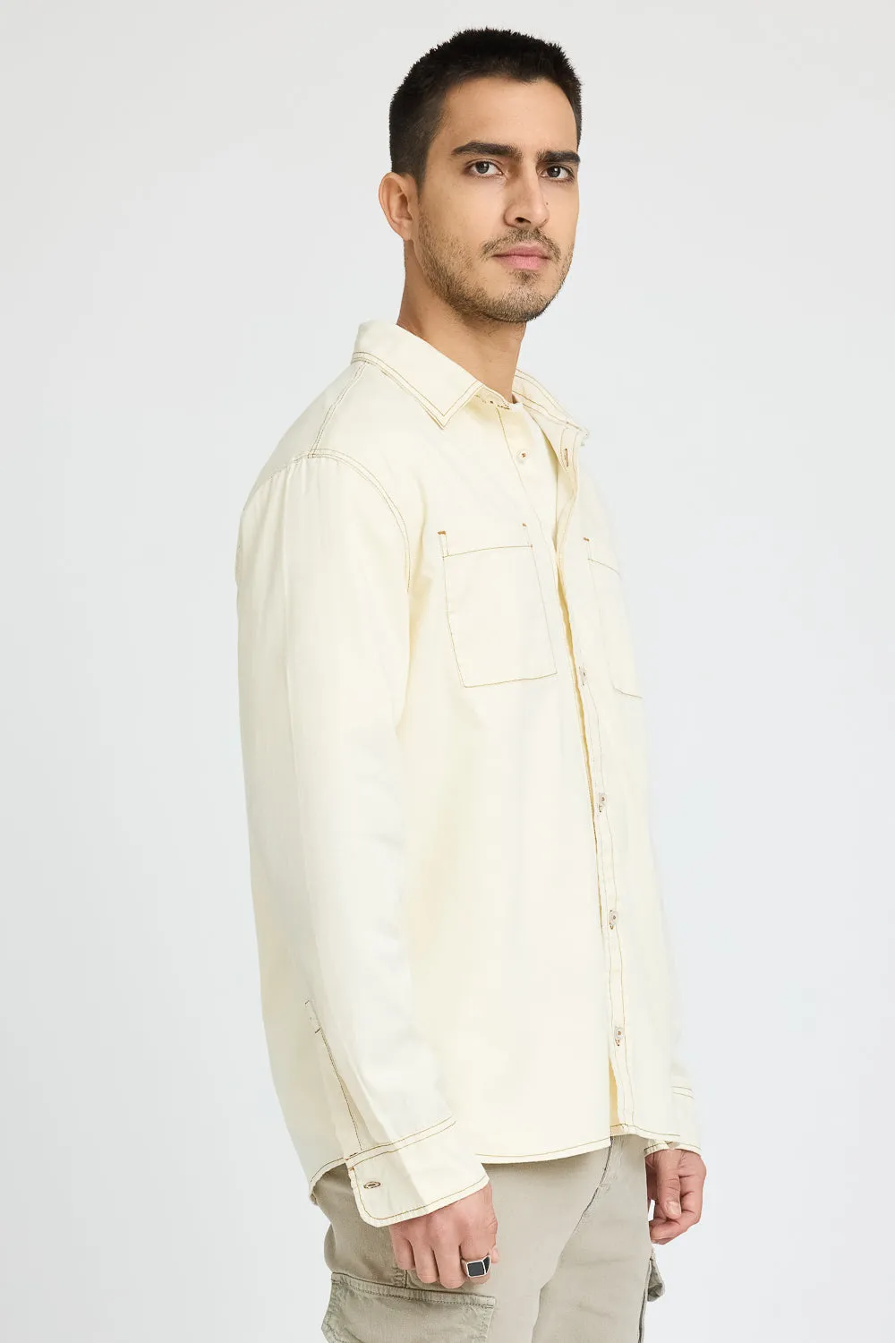 Cream Contrast Stitch Men's Shirt