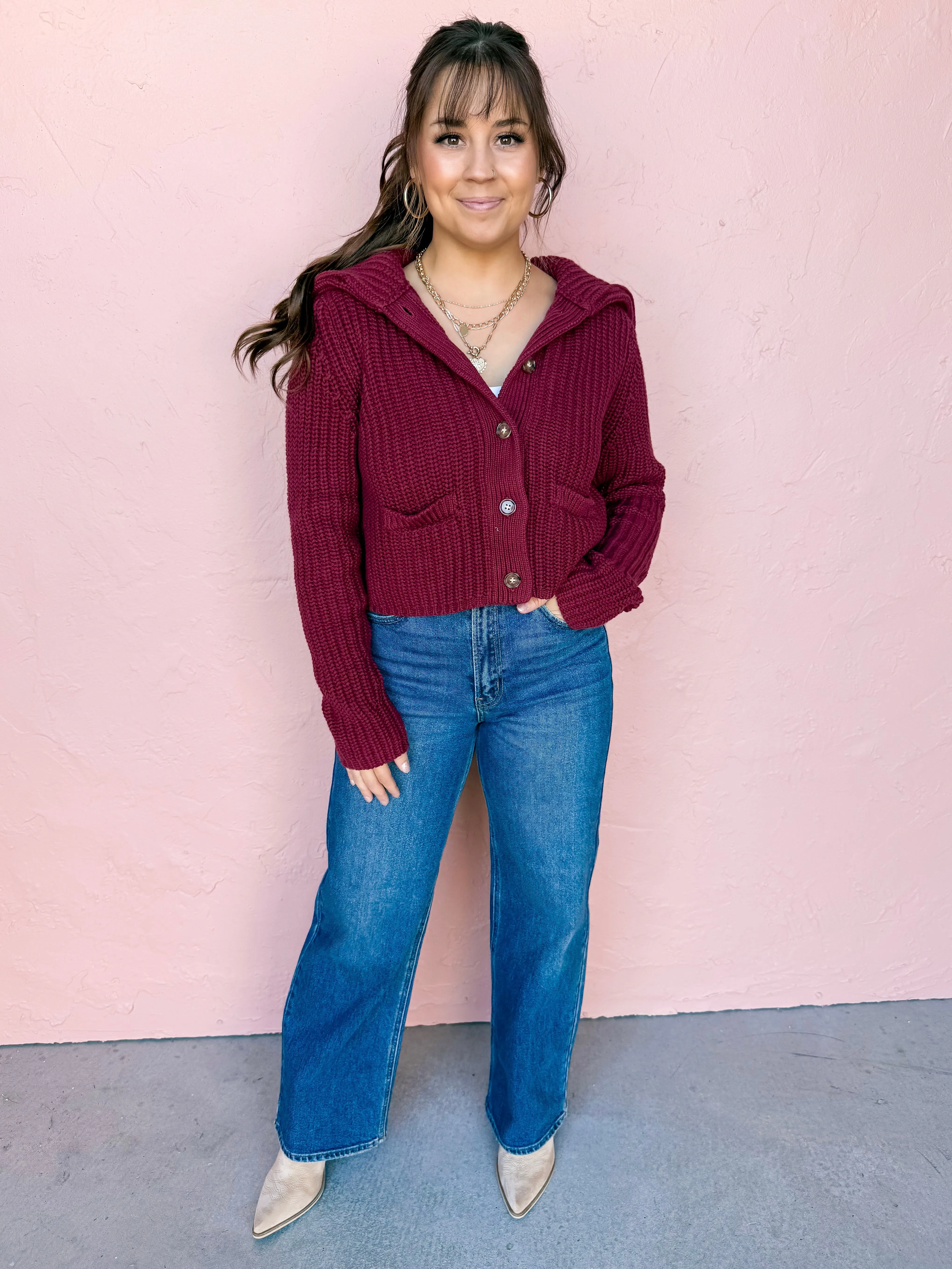 Curated Season Button Front Cardigan-Crimson
