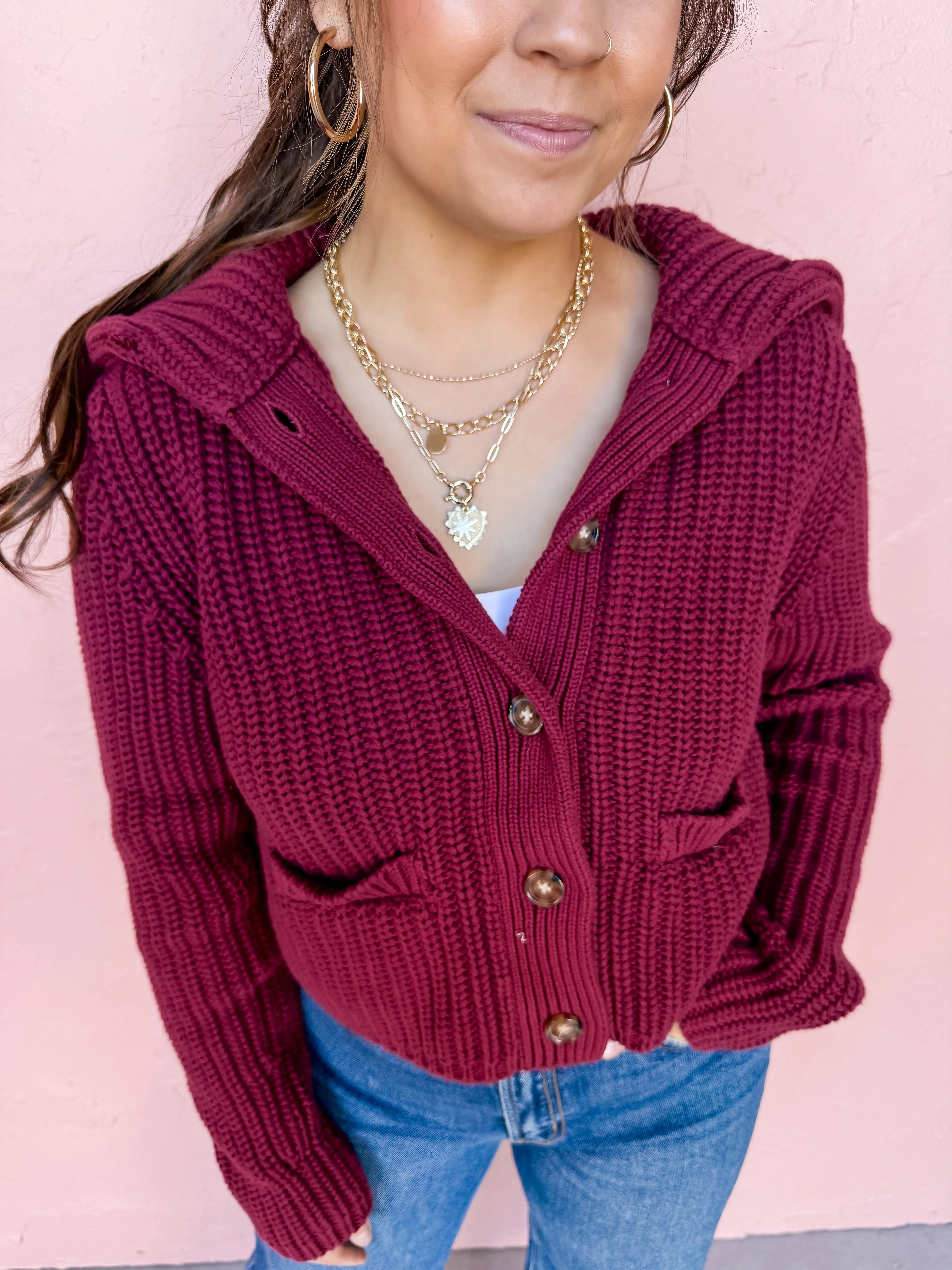 Curated Season Button Front Cardigan-Crimson