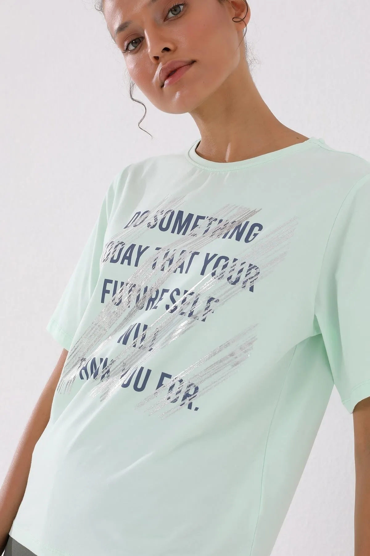 deforme yazi baskili o yaka kadin oversize t-shirt - 97133