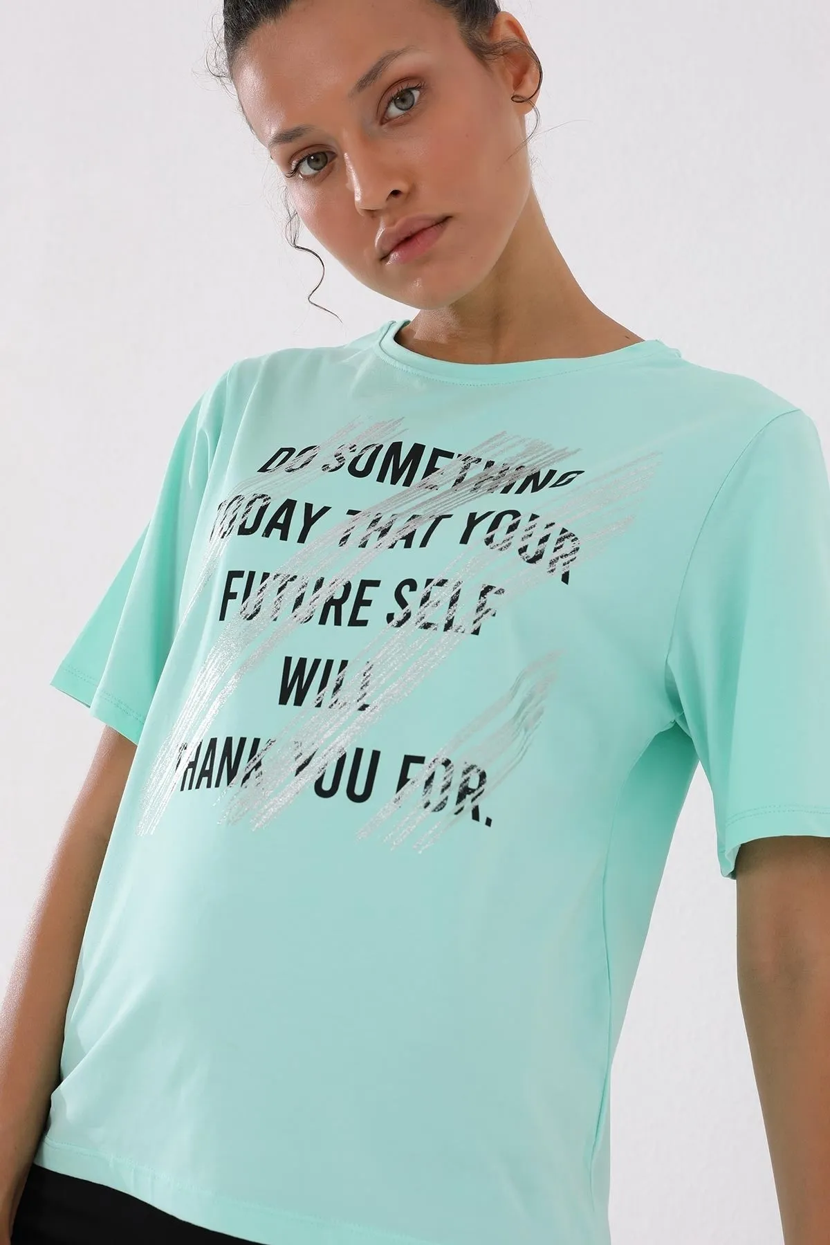 deforme yazi baskili o yaka kadin oversize t-shirt - 97133