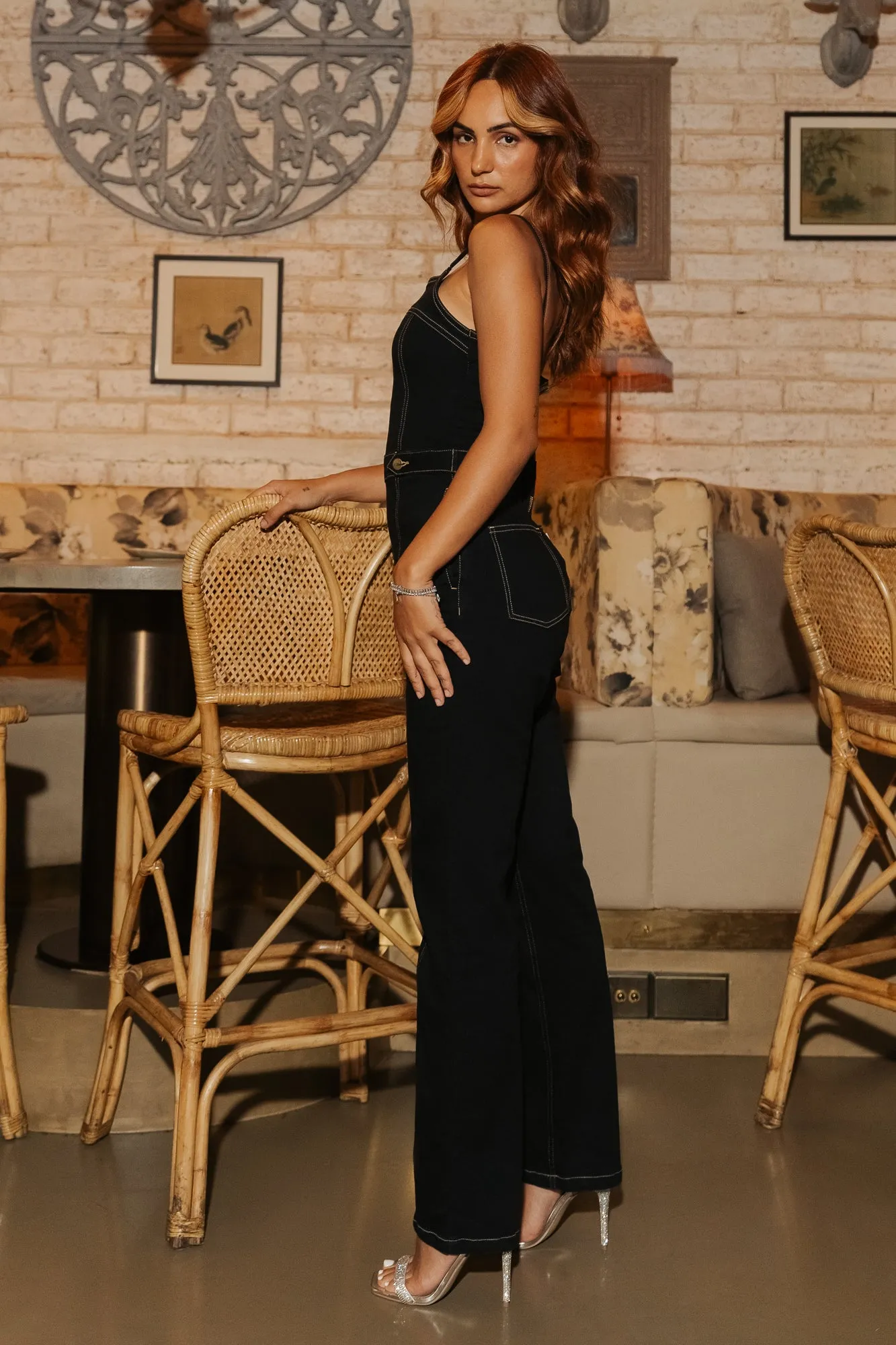Denim Black Contrast Stitch Jumpsuit