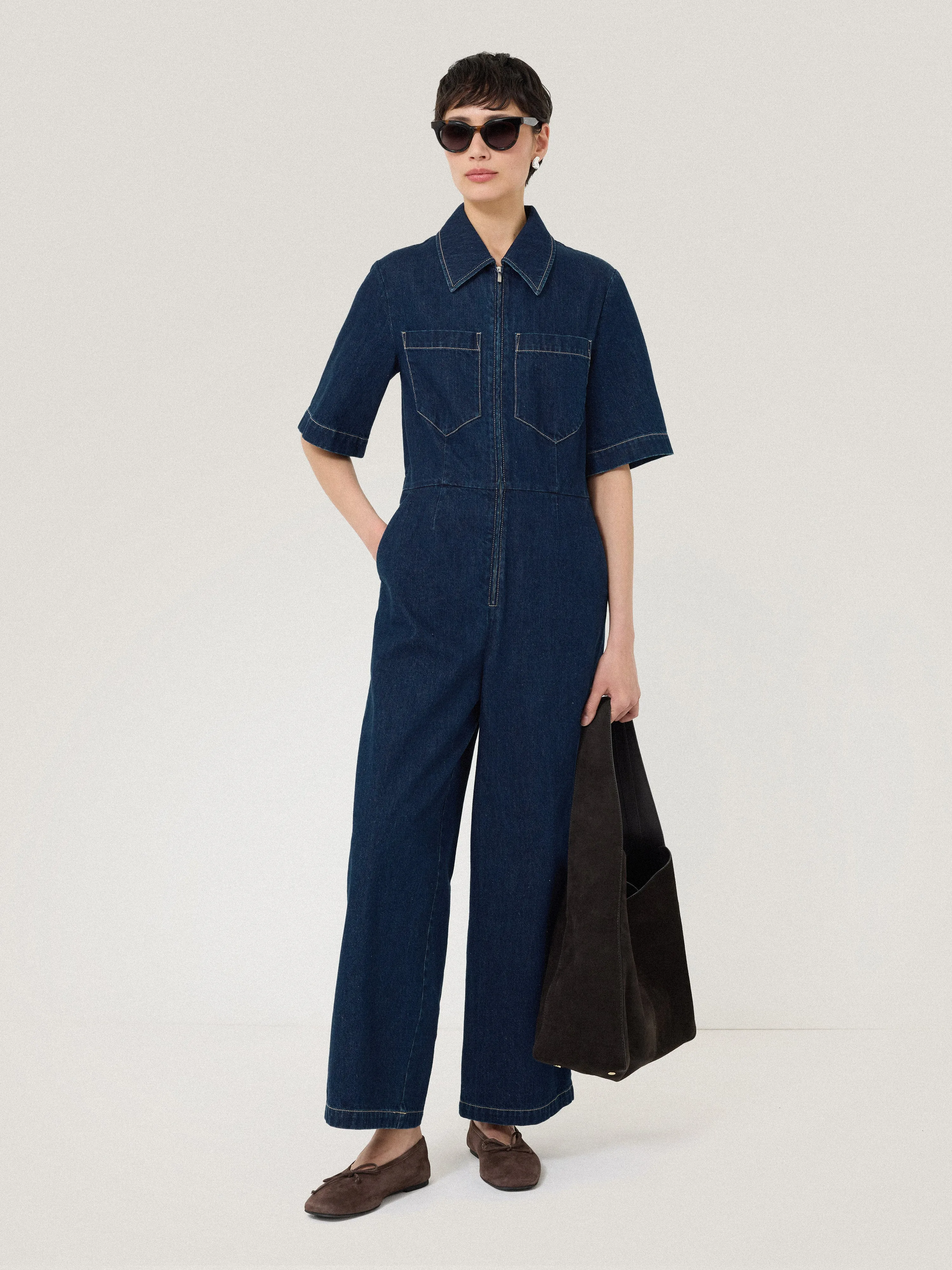 Denim Contrast Stitch Jumpsuit | Indigo
