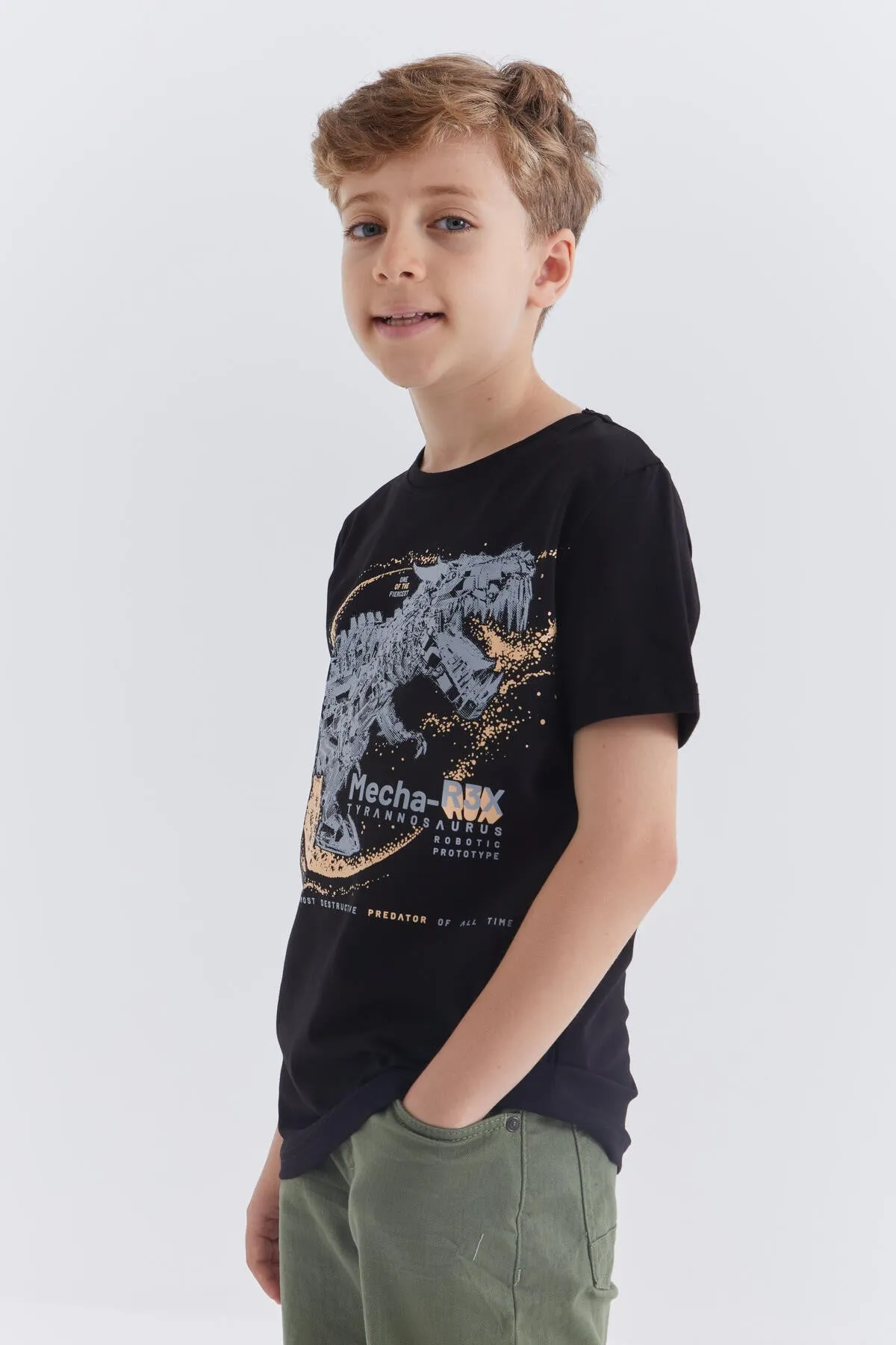 dinazor baskili kisa kol standart kalip o yaka erkek çocuk t-shirt - 10865