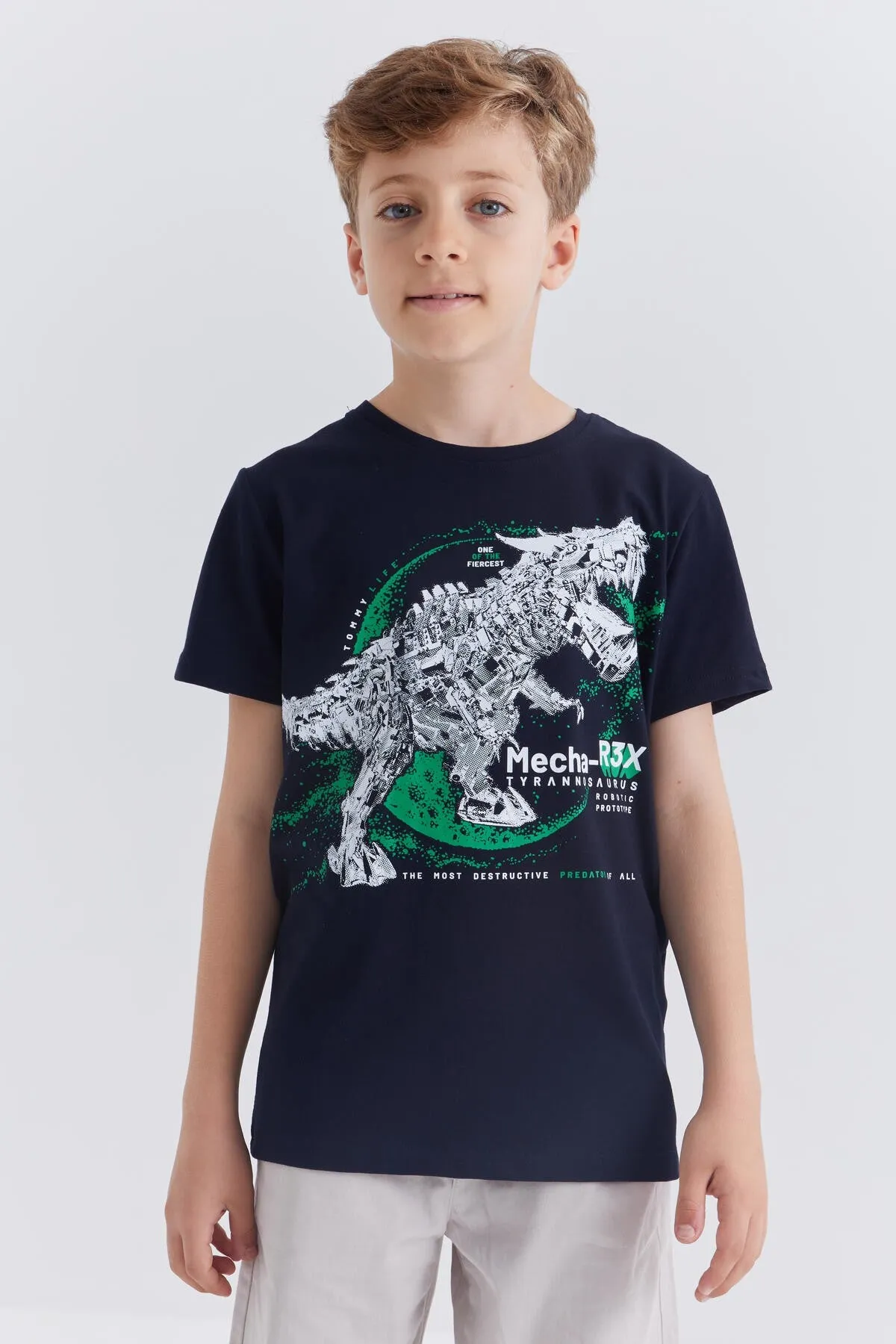 dinazor baskili kisa kol standart kalip o yaka erkek çocuk t-shirt - 10865