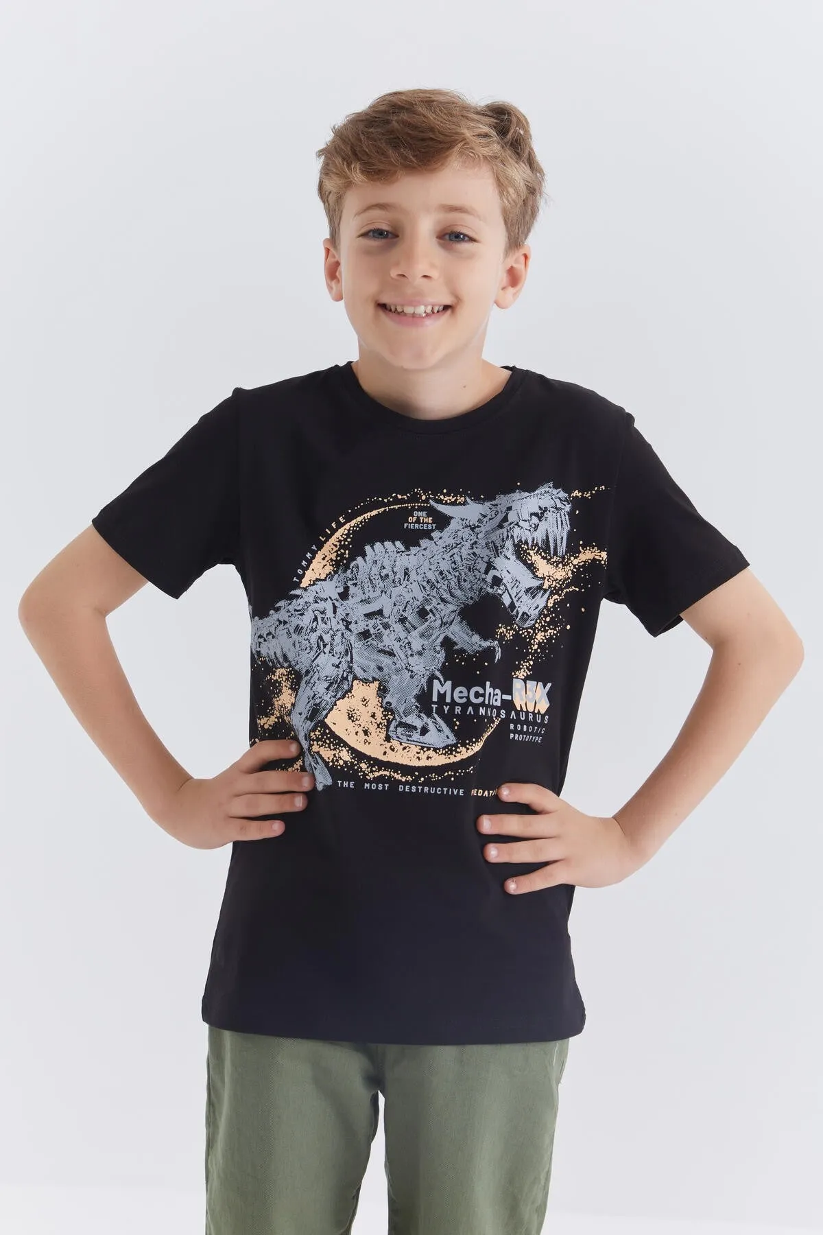 dinazor baskili kisa kol standart kalip o yaka erkek çocuk t-shirt - 10865