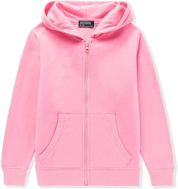 DOTDOG Unisex Kids Soft Brushed Fleece Basic Hooded Sweatshirt Full Zip-Up Hoodie for Boys or Girls (Age 3-12 Years)