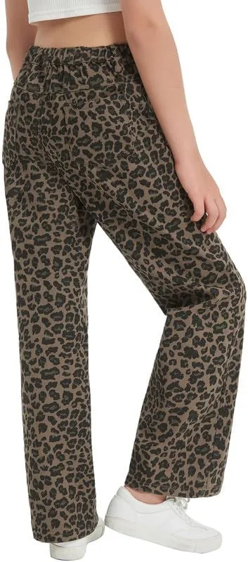 EXARUS Girls Wide Leg/Flare Jeans Bow Embroidery/Leopard Print Denim Pants with Pockets Casual for Kids 6-14Y