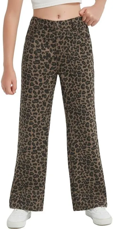 EXARUS Girls Wide Leg/Flare Jeans Bow Embroidery/Leopard Print Denim Pants with Pockets Casual for Kids 6-14Y