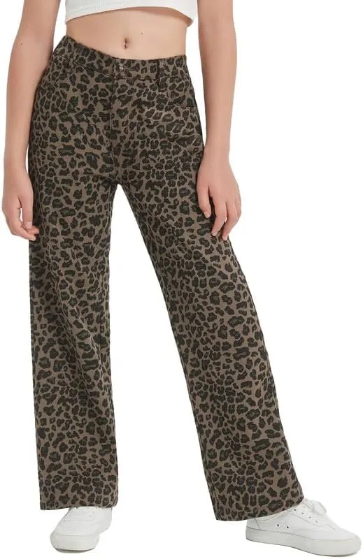 EXARUS Girls Wide Leg/Flare Jeans Bow Embroidery/Leopard Print Denim Pants with Pockets Casual for Kids 6-14Y