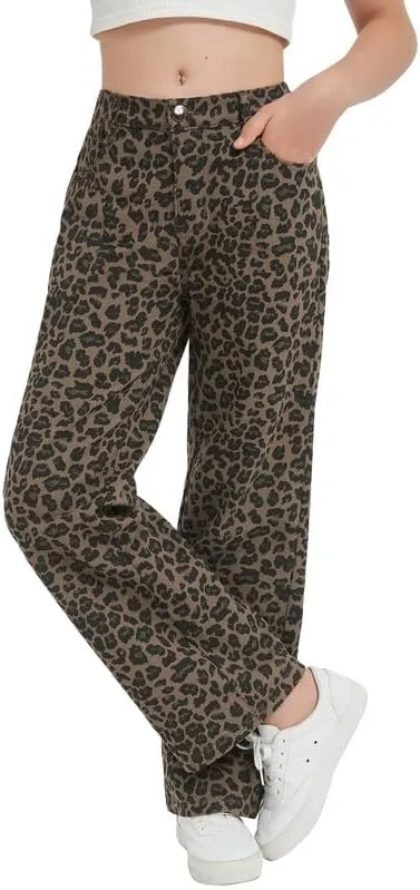 EXARUS Girls Wide Leg/Flare Jeans Bow Embroidery/Leopard Print Denim Pants with Pockets Casual for Kids 6-14Y