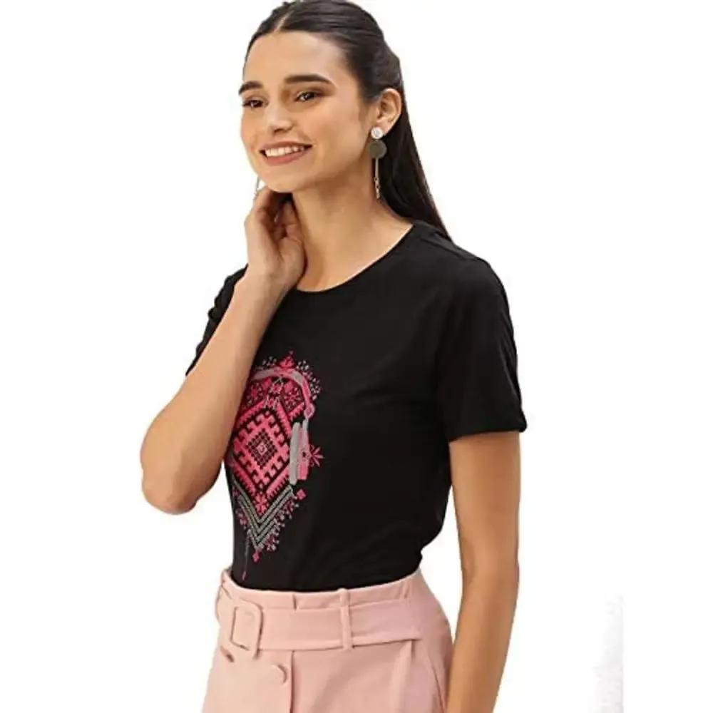Fabricorn Stylish Plain Black Printed Cotton Tshirt for Women (Black)