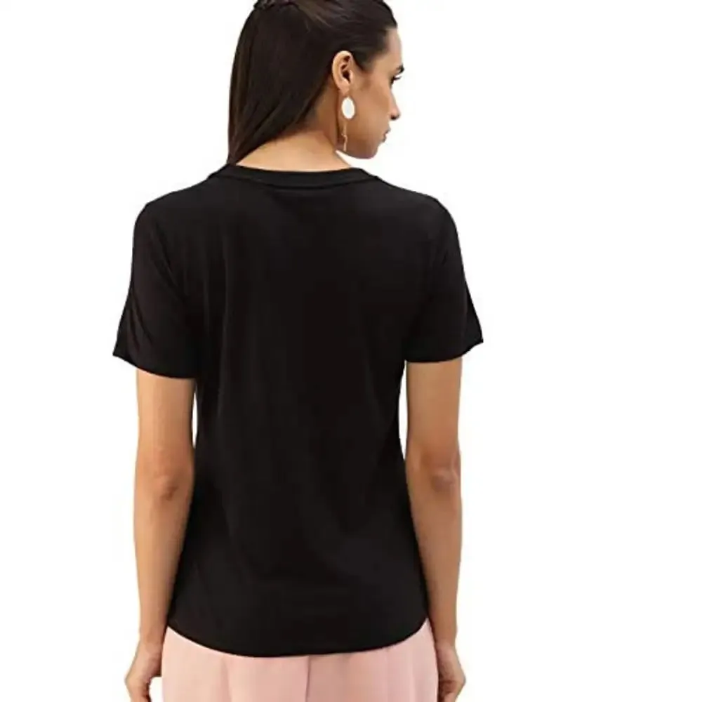 Fabricorn Stylish Plain Black Printed Cotton Tshirt for Women (Black)
