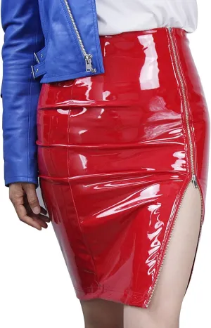 Faux Leather Pencil Skirt High Waist Split Lady's Half Body Midi Hip Skirt Women Shiny Liquid Metallic Wet Look Skirt