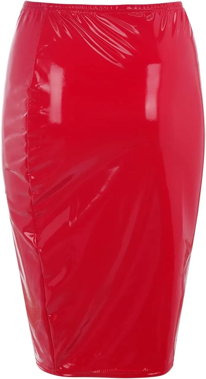 Faux Leather Pencil Skirt High Waist Split Lady's Half Body Midi Hip Skirt Women Shiny Liquid Metallic Wet Look Skirt