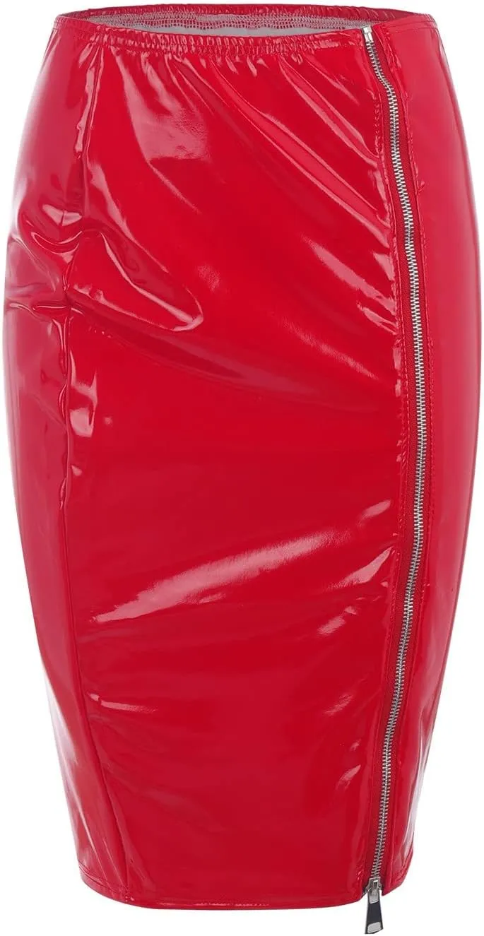 Faux Leather Pencil Skirt High Waist Split Lady's Half Body Midi Hip Skirt Women Shiny Liquid Metallic Wet Look Skirt