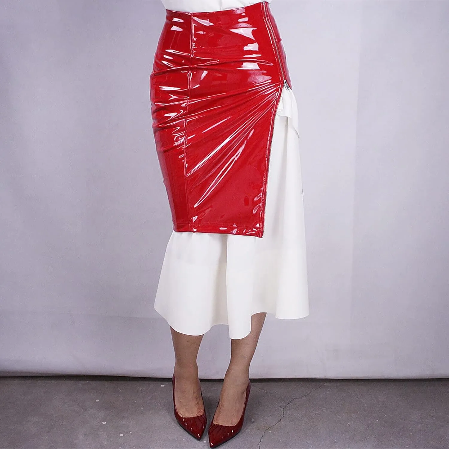 Faux Leather Pencil Skirt High Waist Split Lady's Half Body Midi Hip Skirt Women Shiny Liquid Metallic Wet Look Skirt