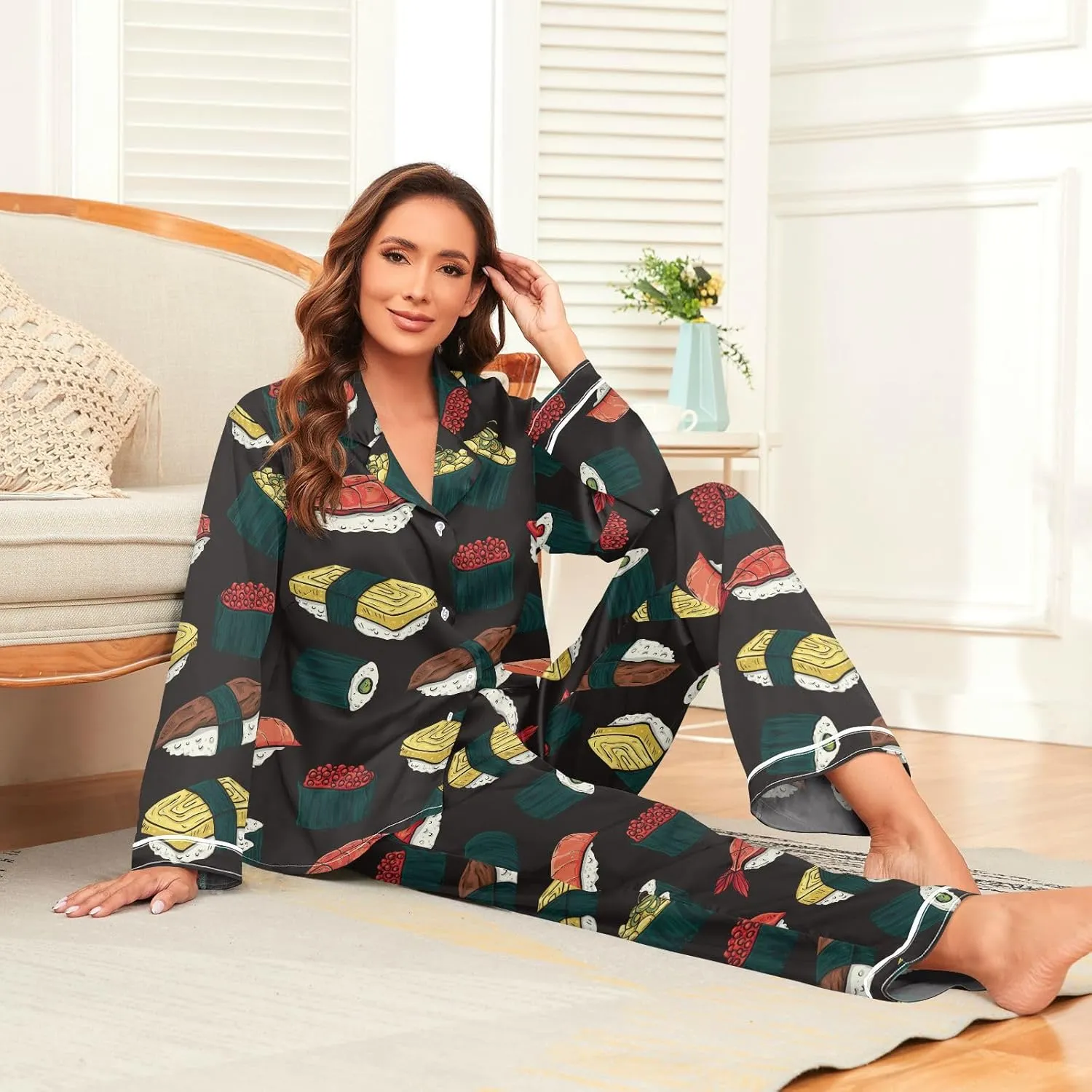 Fisyme Womens Satin Pajama Set Long Sleeve Button Down Sleepwear Nightwear Loungewear Pj Sets S-XXL