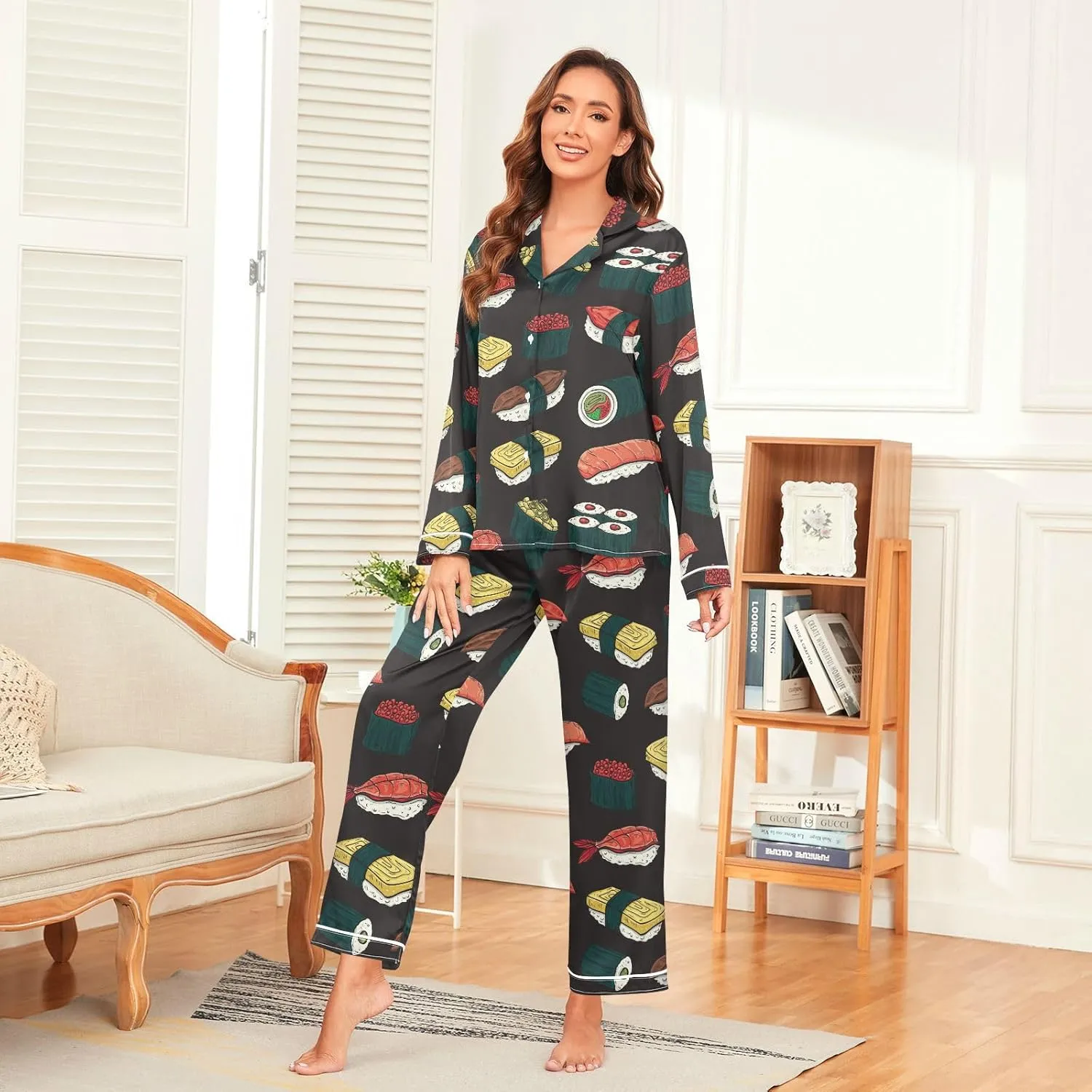 Fisyme Womens Satin Pajama Set Long Sleeve Button Down Sleepwear Nightwear Loungewear Pj Sets S-XXL