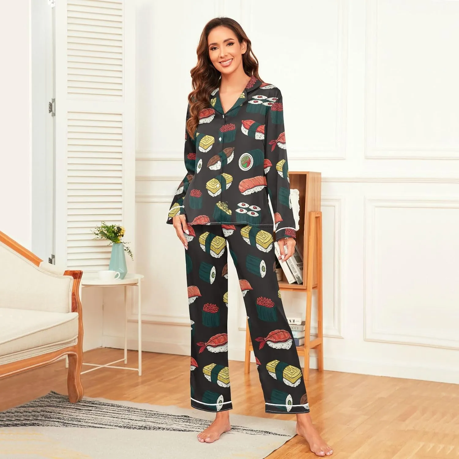 Fisyme Womens Satin Pajama Set Long Sleeve Button Down Sleepwear Nightwear Loungewear Pj Sets S-XXL