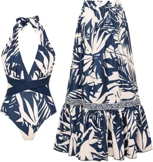 FLAXMAKER Women's One Piece V-Neck Adjustable Halter Leaf Print Bathing Suit Swimsuit and Skirt/Pants