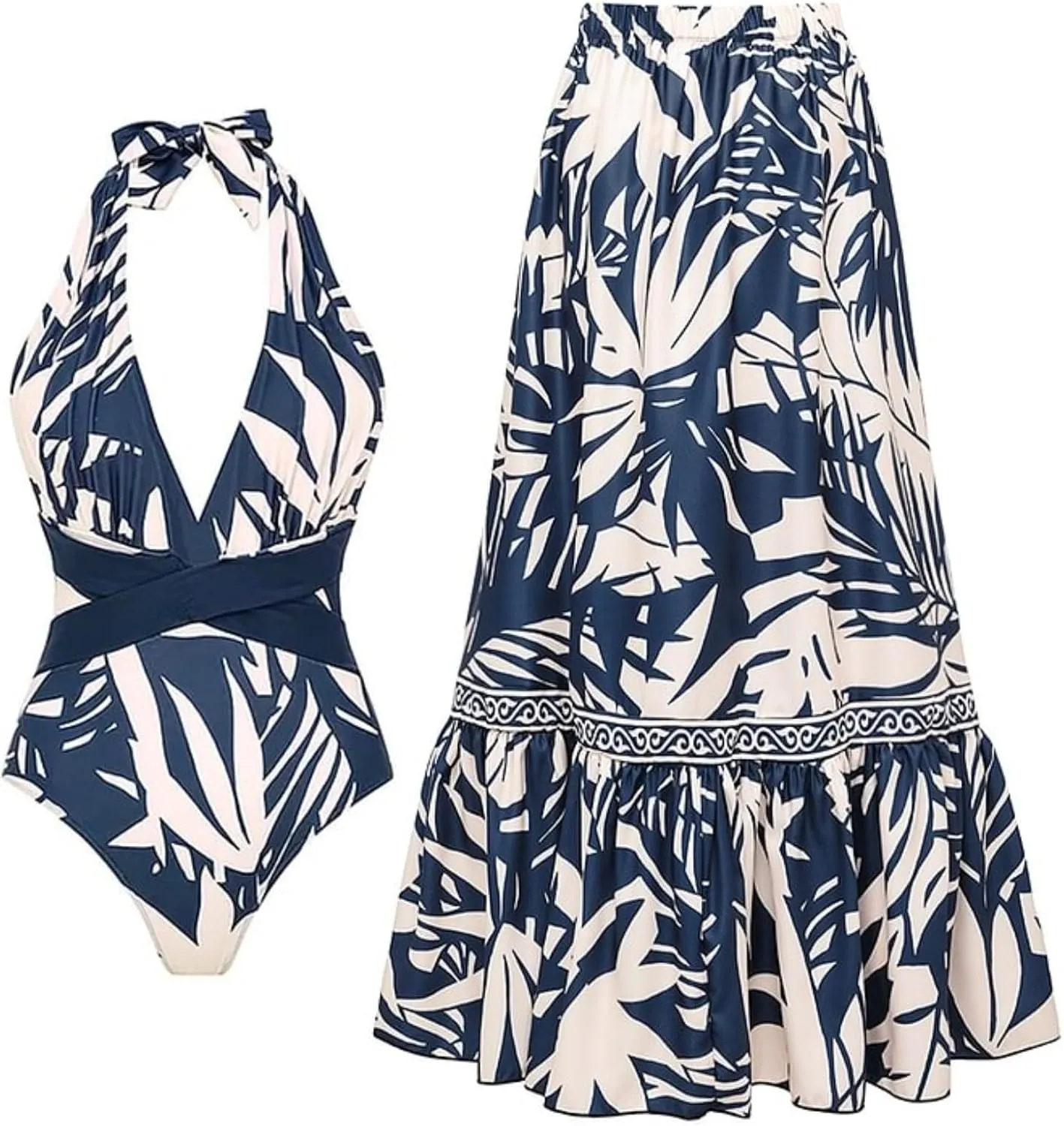 FLAXMAKER Women's One Piece V-Neck Adjustable Halter Leaf Print Bathing Suit Swimsuit and Skirt/Pants