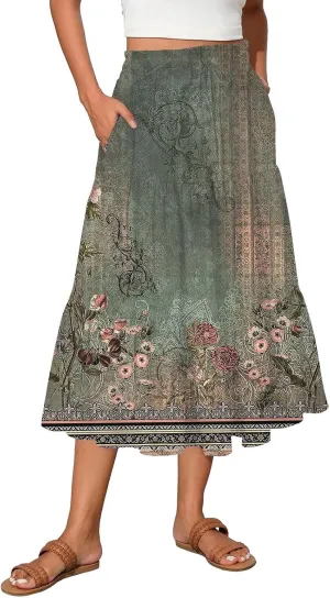 Floral Skirts for Women Summer Loose Casual Trendy Elastic Waist Flowy Beach Boho Maxi Skirt, S-2XL
