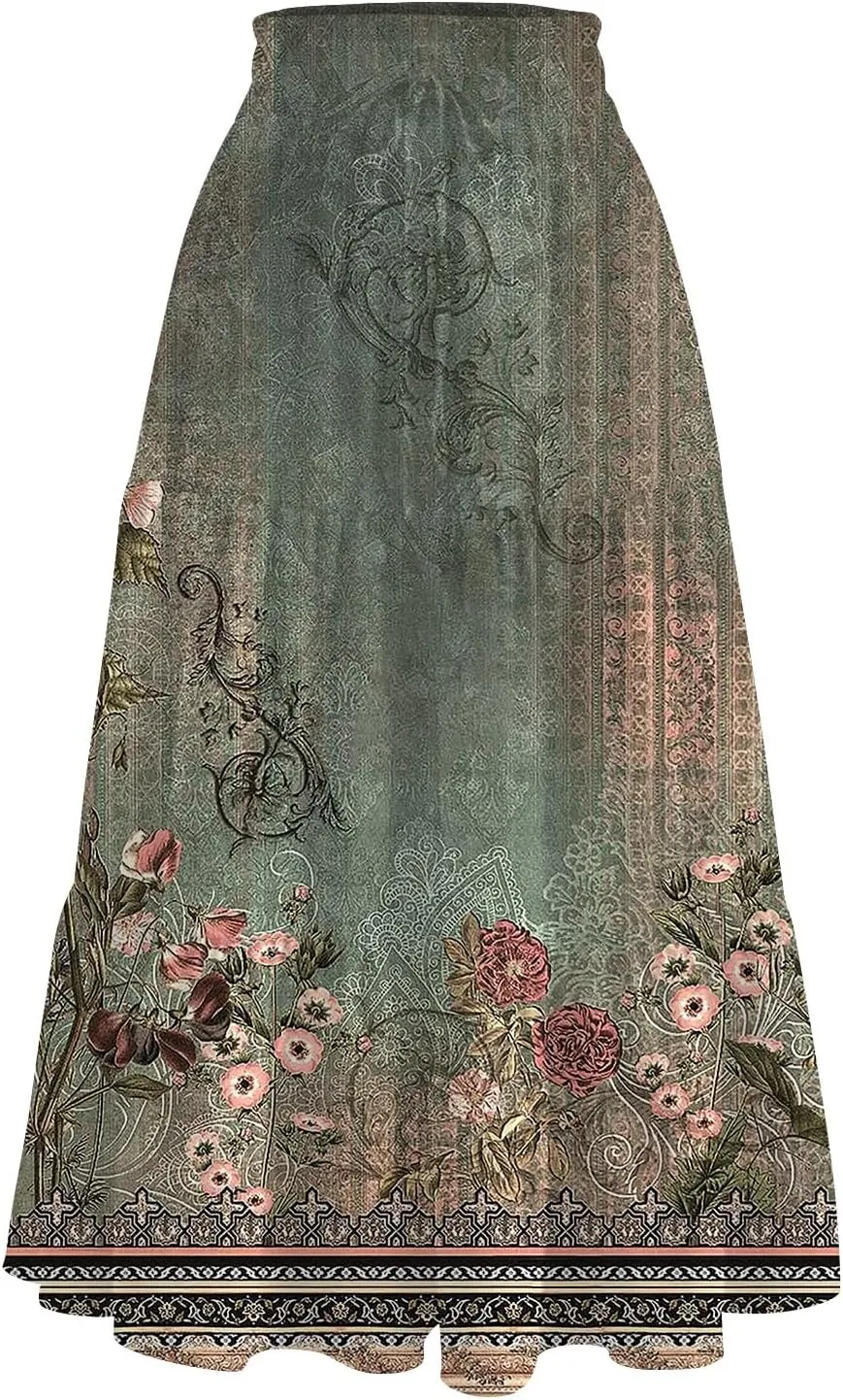Floral Skirts for Women Summer Loose Casual Trendy Elastic Waist Flowy Beach Boho Maxi Skirt, S-2XL