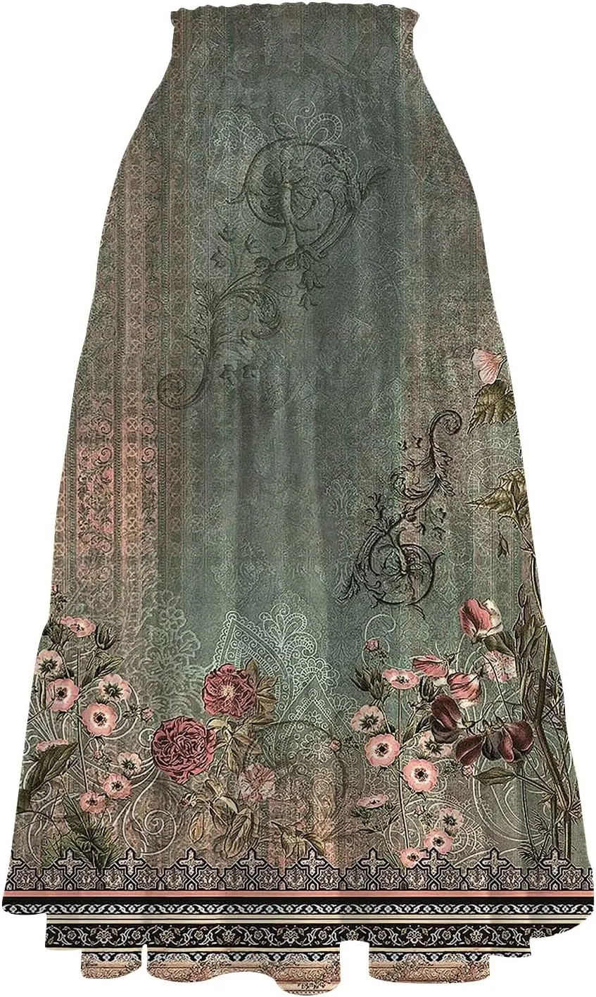Floral Skirts for Women Summer Loose Casual Trendy Elastic Waist Flowy Beach Boho Maxi Skirt, S-2XL