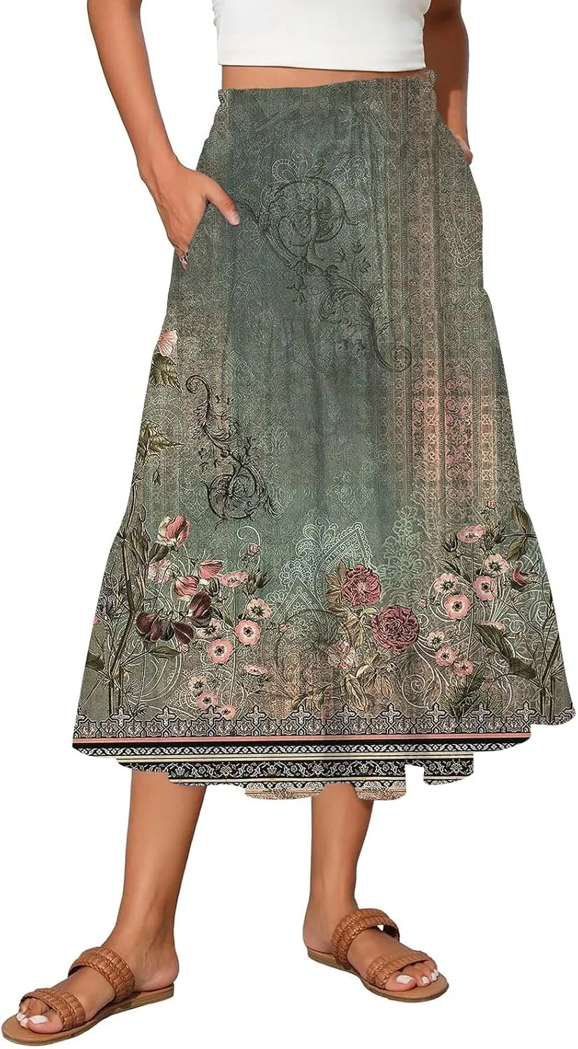 Floral Skirts for Women Summer Loose Casual Trendy Elastic Waist Flowy Beach Boho Maxi Skirt, S-2XL