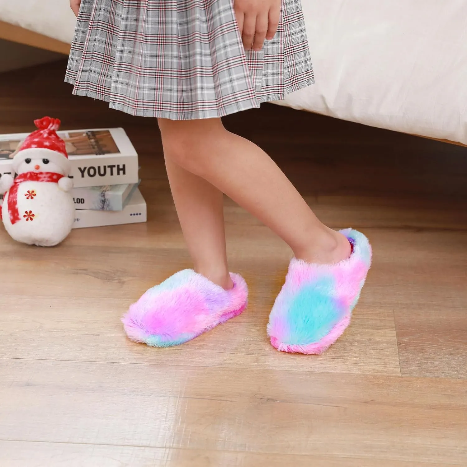 Girls Plush Faux Fur Slip on House Slippers Clog with Memory Foam - Bedroom Slippers Outdoor Indoor Faux Fur Lined
