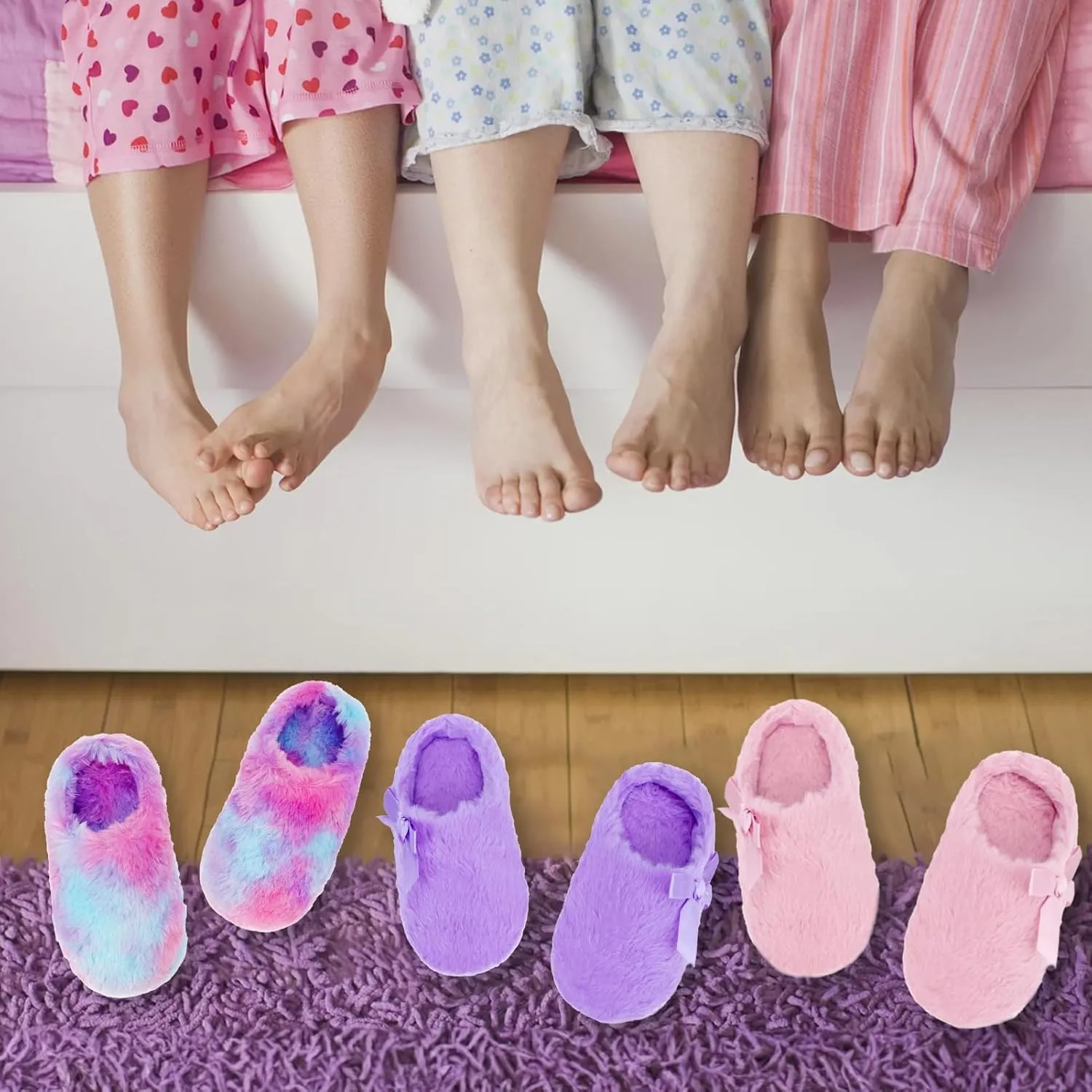 Girls Plush Faux Fur Slip on House Slippers Clog with Memory Foam - Bedroom Slippers Outdoor Indoor Faux Fur Lined