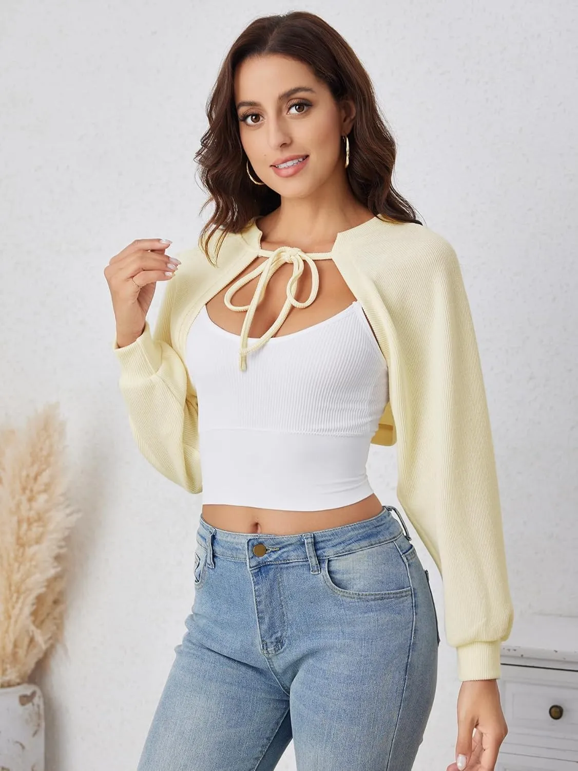 GORGLITTER Women's Bolero Shrug Long Sleeve Tie Front Ribbed Knit Crop Top Cardigan