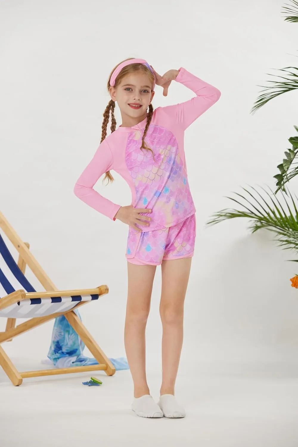 GRACE KARIN Girls 2-Piece Rash Guard Set Long Sleeve Swimwear with Hairband 5-12Y