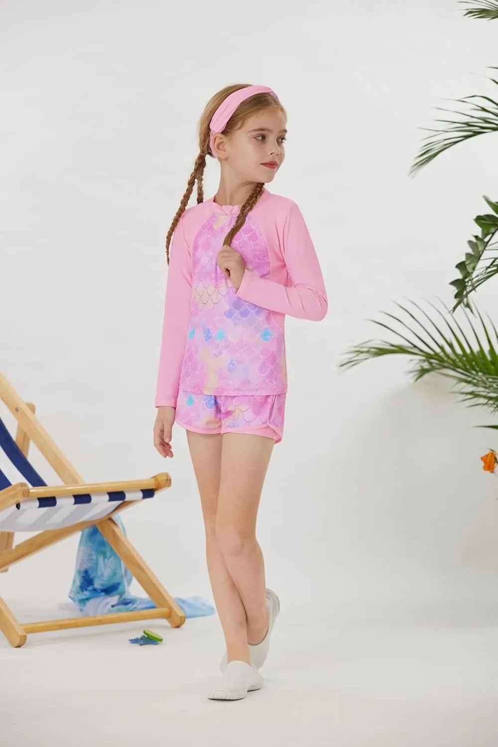 GRACE KARIN Girls 2-Piece Rash Guard Set Long Sleeve Swimwear with Hairband 5-12Y