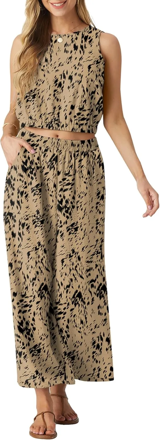 GRECERELLE Two Piece Sets for Women Sleeveless Crop Top Wide Leg Pants Sweat Set for Women Tracksuits 2025 Summer