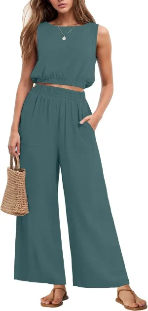 GRECERELLE Two Piece Sets for Women Sleeveless Crop Top Wide Leg Pants Sweat Set for Women Tracksuits 2025 Summer