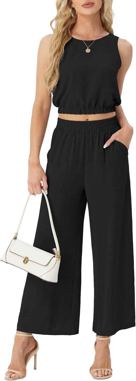 GRECERELLE Two Piece Sets for Women Sleeveless Crop Top Wide Leg Pants Sweat Set for Women Tracksuits 2025 Summer
