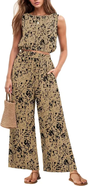 GRECERELLE Two Piece Sets for Women Sleeveless Crop Top Wide Leg Pants Sweat Set for Women Tracksuits 2025 Summer