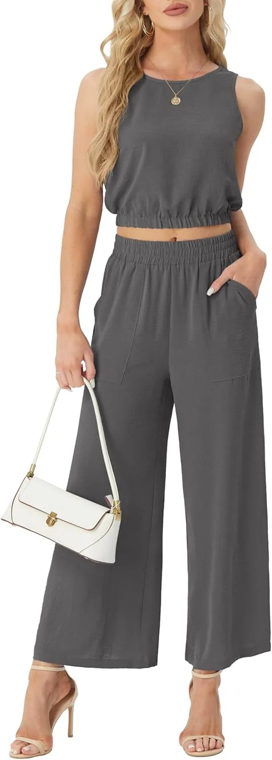 GRECERELLE Two Piece Sets for Women Sleeveless Crop Top Wide Leg Pants Sweat Set for Women Tracksuits 2025 Summer