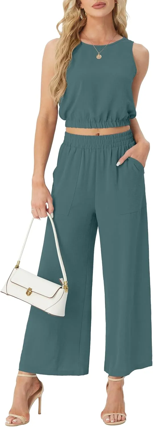 GRECERELLE Two Piece Sets for Women Sleeveless Crop Top Wide Leg Pants Sweat Set for Women Tracksuits 2025 Summer