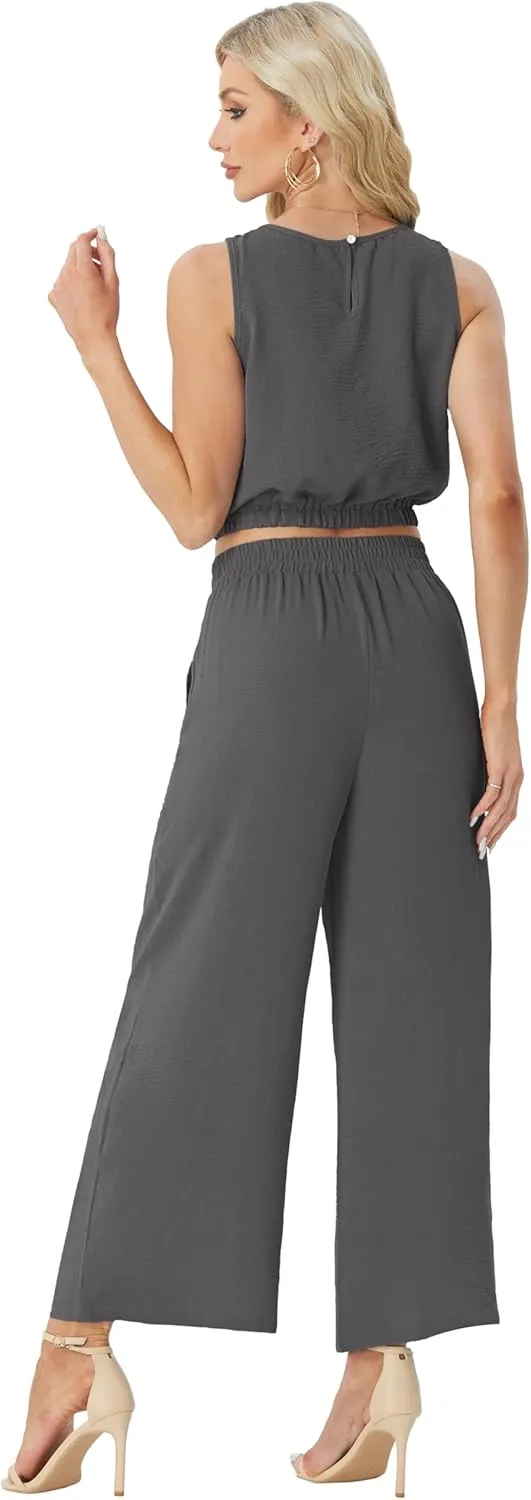 GRECERELLE Two Piece Sets for Women Sleeveless Crop Top Wide Leg Pants Sweat Set for Women Tracksuits 2025 Summer