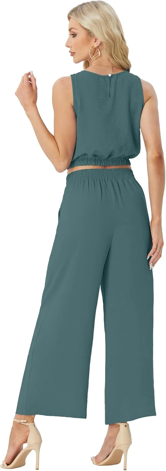 GRECERELLE Two Piece Sets for Women Sleeveless Crop Top Wide Leg Pants Sweat Set for Women Tracksuits 2025 Summer